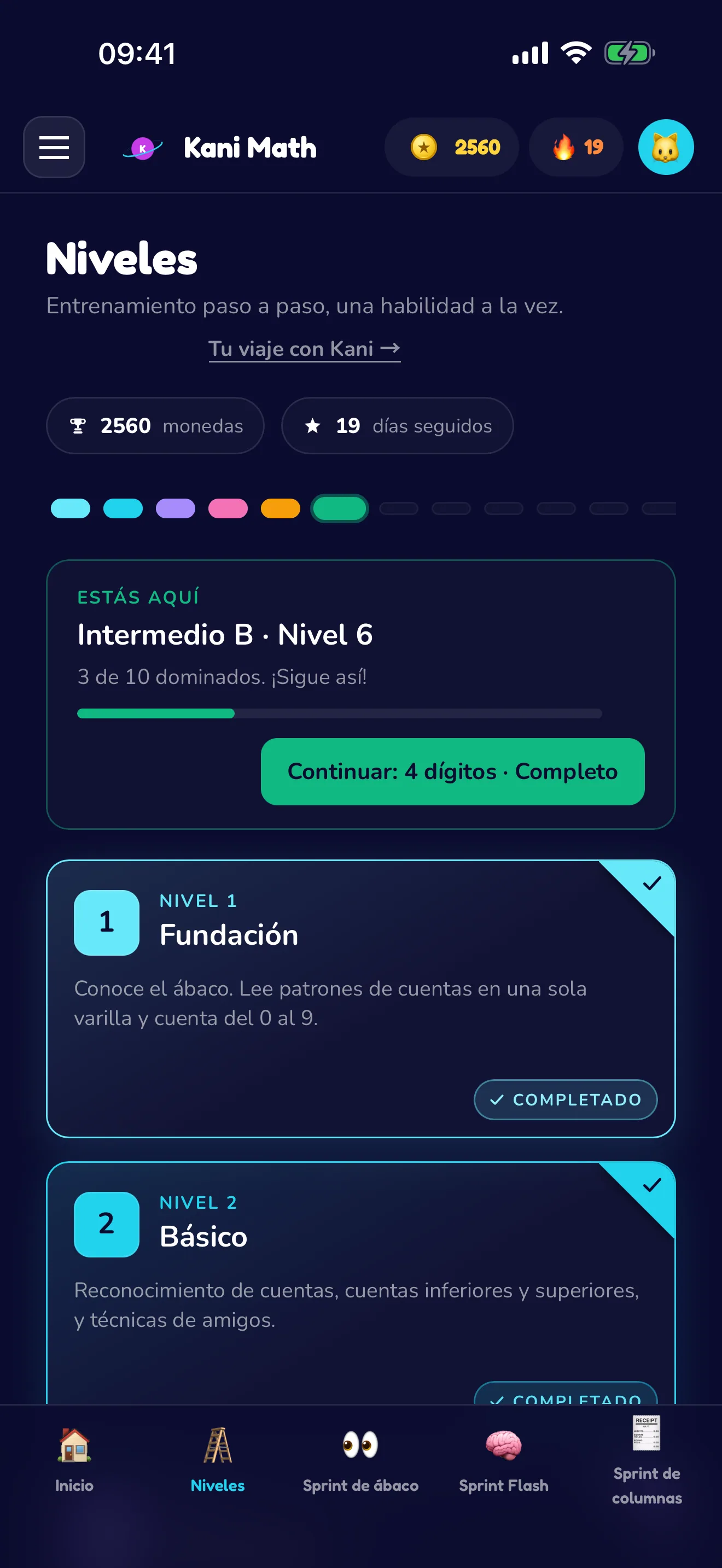 Nueve niveles, una habilidad a la vez.