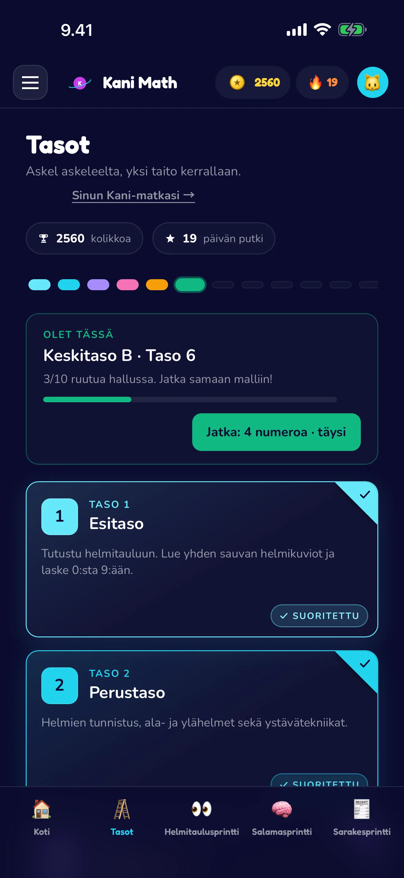 Yhdeksän tasoa, yksi taito kerrallaan.