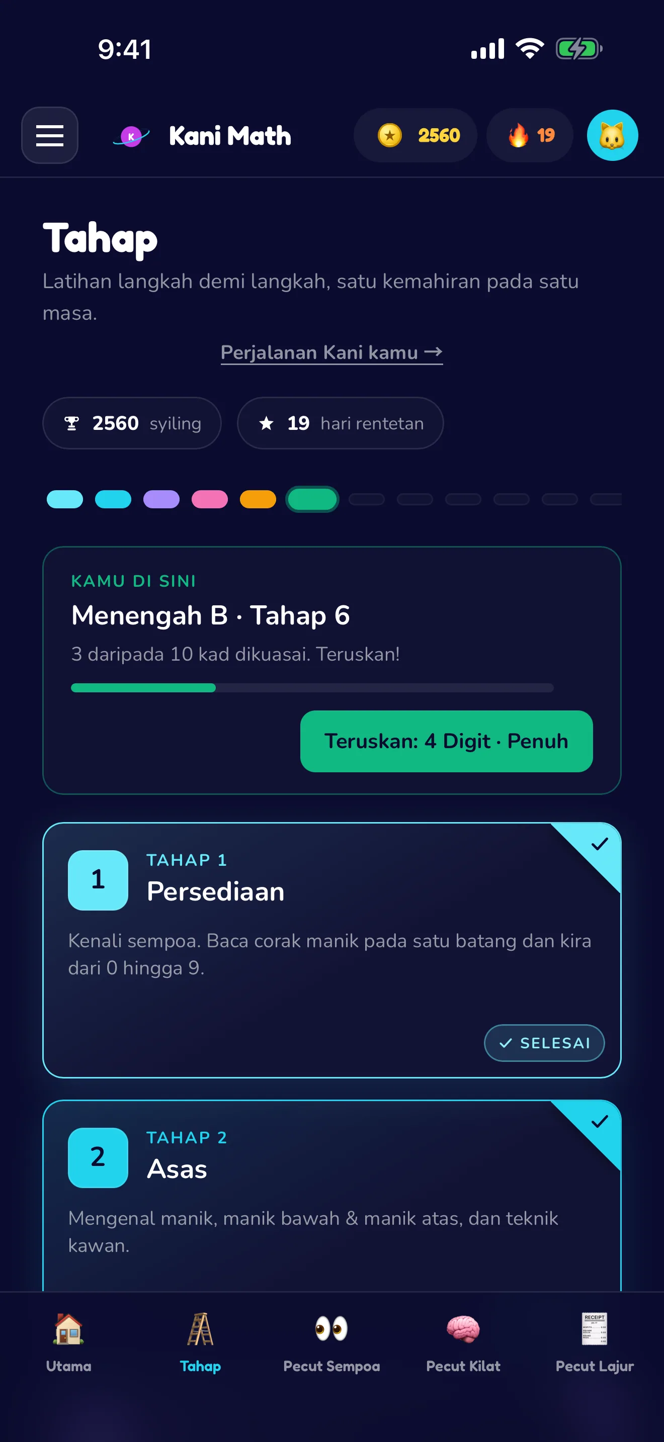 Sembilan tahap, satu kemahiran pada satu masa.