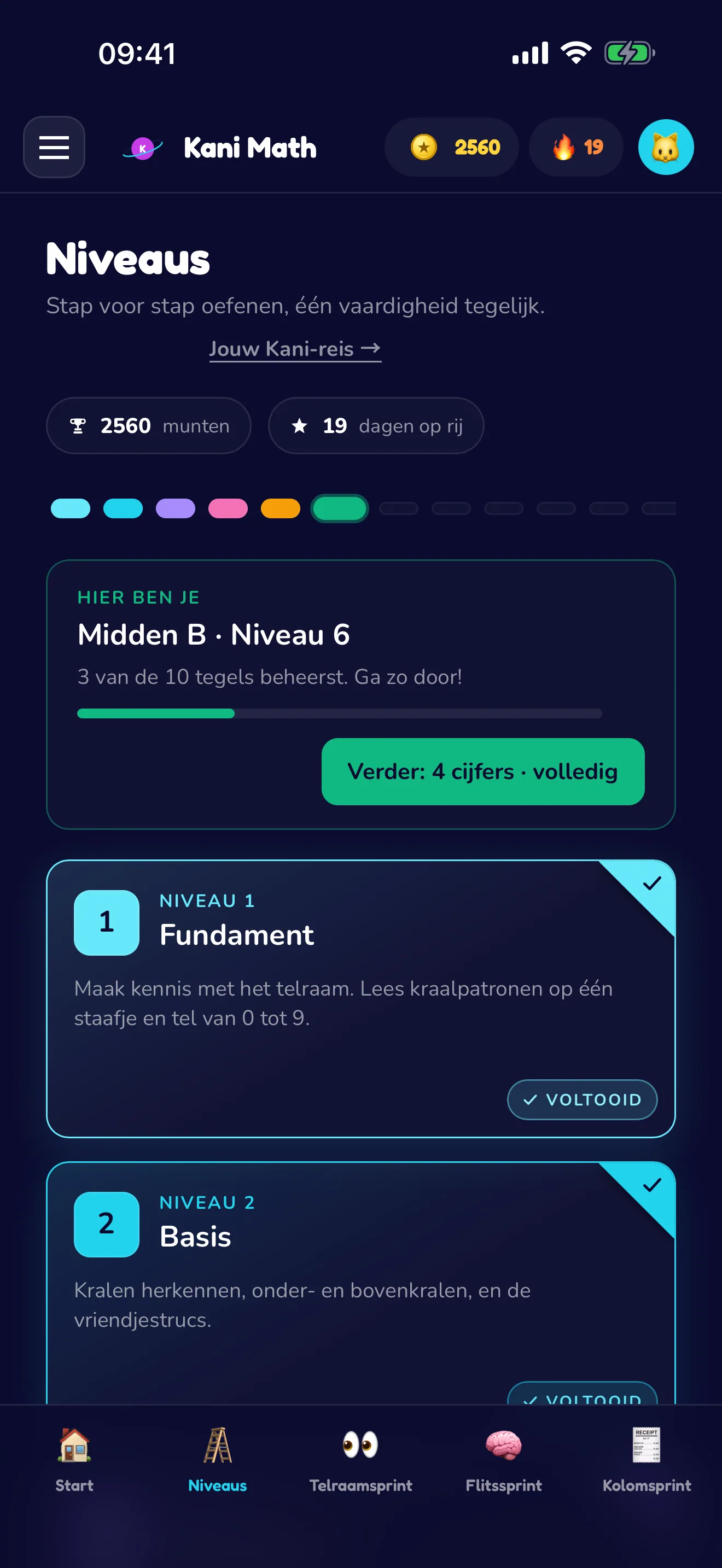 Negen niveaus, één vaardigheid tegelijk.