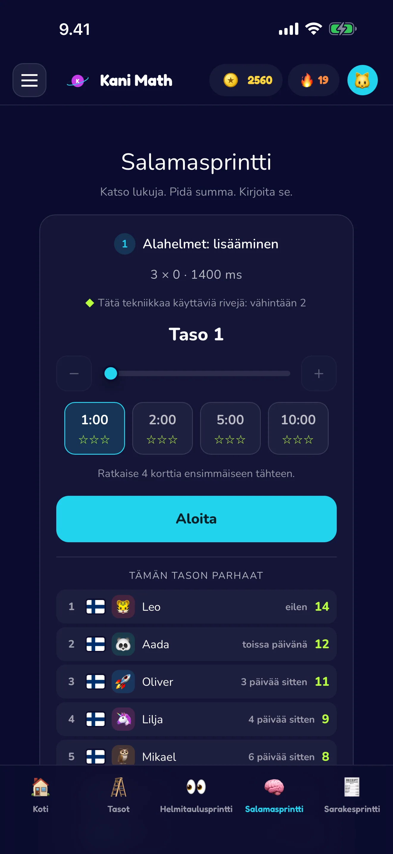 Salamasprintti – pidä summa päässä, kirjoita se.